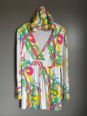 ME Mary Ellen colorful abstract print hooded top coverup sz M/L